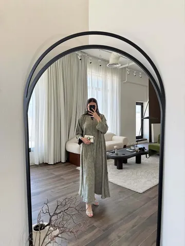 Women Elegant Floral Print Maxi Dress Long Sleeve V-Neck Loose Abaya Dress For Women Commuter Style Olive Green Lotus Root