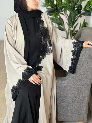 Donna Abaya Cardigan Oversize con Ricamo in Pizzo Vestaglia a Maniche Lunghe Motivo Floreale Kaftan Maxi Giacca