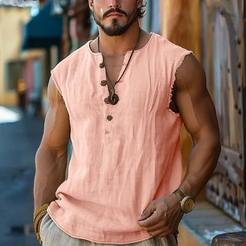 Men Casual Sleeveless Henley T-Shirt Solid Color Raw Edge Cotton Blend Tank Top Summer Muscle Vest Retro Beach Top