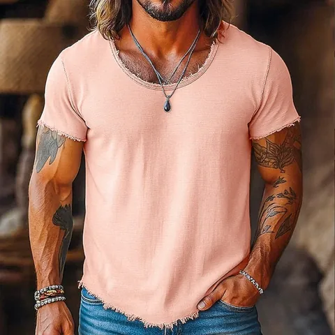 Camiseta de Mezcla de Algodón Casual para Hombre Color Sólido Diseño de Bordes en Bruto Corte Holgado Manga Corta Top Urbano