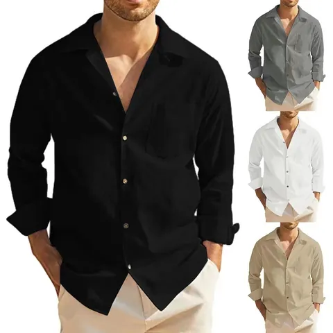 Herren Casual Baumwolle Langarm Hemd Button Down Sommer Strand Leinen Stil Einfarbig Top Mit Brusttasche
