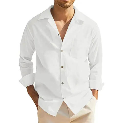 Herren Casual Baumwolle Langarm Hemd Button Down Sommer Strand Leinen Stil Einfarbig Top Mit Brusttasche