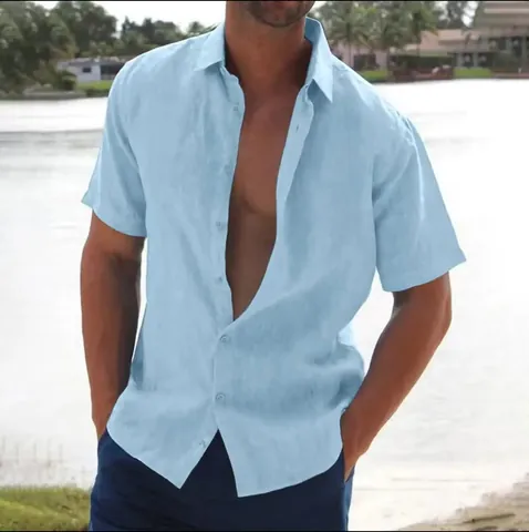 Men's Beach Casual Short Sleeve Shirt Lapel Collar Button Down Cotton Blend Solid Color Summer Vacation Holiday Fashion Top