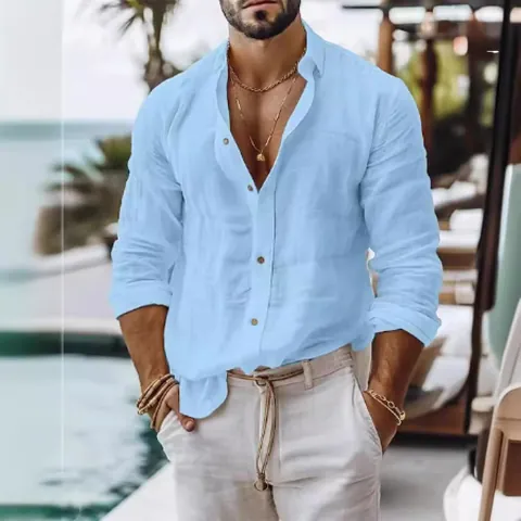 Heren Casual Linnen Katoenmix Overhemd Minimalistisch Effen Kleur Revers Lange Mouw Top Patchwork Ontwerp Strand Vakantie Stijl