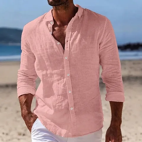 Men's Casual Long Sleeve Shirt Linen Look Cotton Blend Polyester Button Down Top Loose Fit Lapel Shirt For Beach Vacation