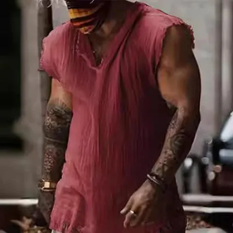 Herren Casual Baumwolle Ärmelloses Top V-Ausschnitt Ausgefranste Kanten Sommer Tank Top Western Style Retro Pullover Hemd Weste