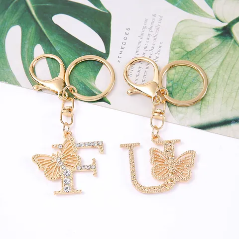 Llavero de Alfabeto de Mariposa de Aleación Dorada con Diamantes de Imitación para Mujer Llavero de Letra Inicial Personalizado Colgante de Bolso Regalo