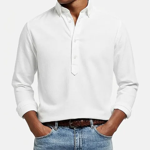 Men's Texture Jacquard Long Sleeve Polo Shirt Button Down Lapel Casual Fashion Polo Top