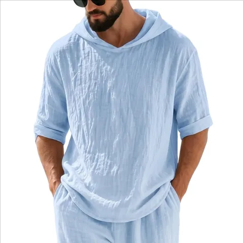 T-Shirt à Capuche en Pur Lin pour Hommes Été Décontracté Coupe Large Manches Trois-Quarts Couleur Unie Haut Respirant Hommes