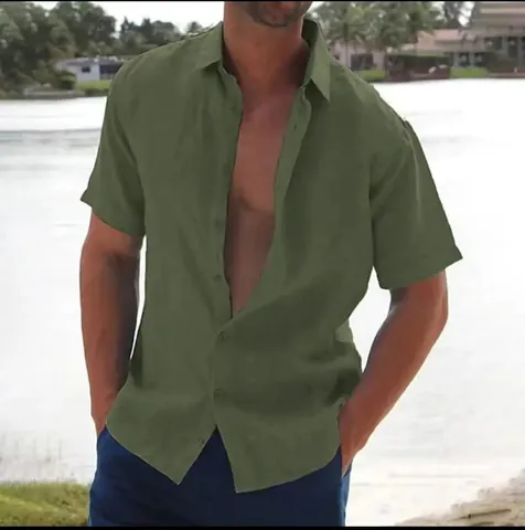Men's Beach Casual Short Sleeve Shirt Lapel Collar Button Down Cotton Blend Solid Color Summer Vacation Holiday Fashion Top