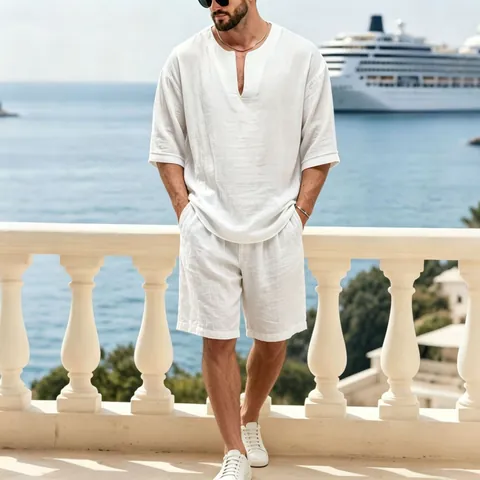 Hombres Lino Top Y Bottom Transpirable Casual Cuello en V Manga Media Top Pantalones Cortos Vacaciones Playa Conjunto Verano