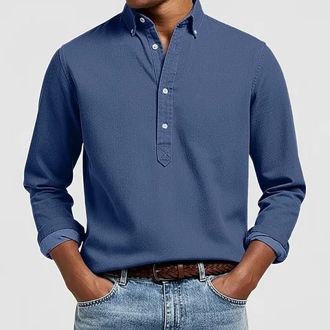 Men's Texture Jacquard Long Sleeve Polo Shirt Button Down Lapel Casual Fashion Polo Top