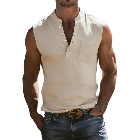 Men Casual Linen Sleeveless Top Henley Neck Button Pocket Summer Shirt Solid Color Loose Breathable Tank Top For Beach Holiday