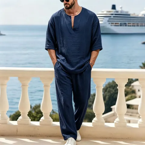 Ανδρικό Καλοκαιρινό Λινό Casual Top Και Bottom Λαιμόκοψη V Μισό Μανίκι Χαλαρό T-Shirt Και Ίσιο Μακρύ Παντελόνι Ρούχα Διακοπών