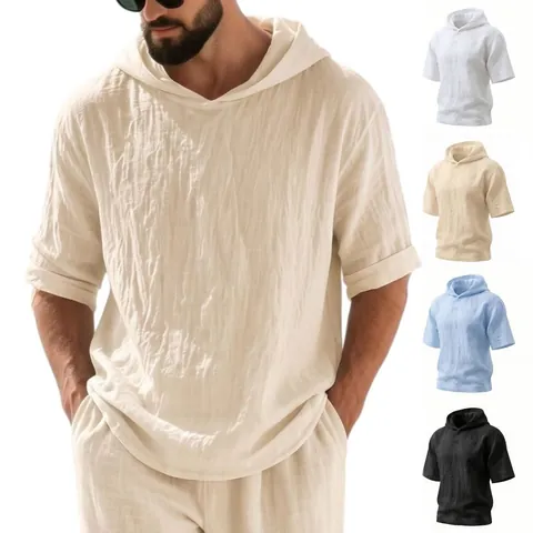 T-Shirt à Capuche en Pur Lin pour Hommes Été Décontracté Coupe Large Manches Trois-Quarts Couleur Unie Haut Respirant Hommes