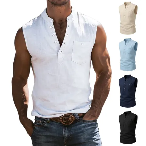 Men Casual Linen Sleeveless Top Henley Neck Button Pocket Summer Shirt Solid Color Loose Breathable Tank Top For Beach Holiday