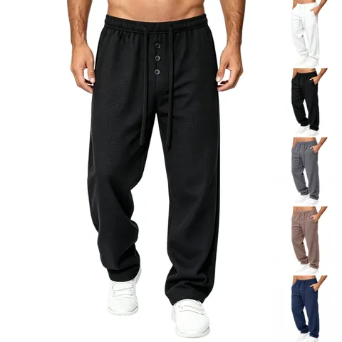 Men's Waffle Knit Loose Casual Pants Summer Drawstring Straight Leg Trousers Versatile Solid Color Athletic Jogger Sweatpants Bottom