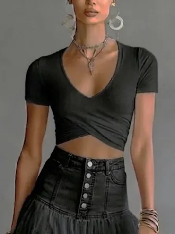 Women Sexy V Neck Short Sleeve Wrap Front Crop Top Summer Polyester Slim Fit Solid Color Polyester Top For Casual Streetwear