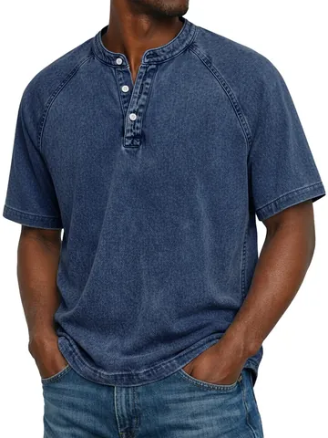 Men's American Vintage Cotton Henley Short Sleeve Top Faded Washed Distressed Casual Raglan Sleeve T-Shirt Workwear Top