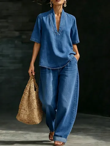 Completo Donna Due Pezzi Minimalista Casual Tinta Unita Scollo a V Top Manica Corta e Pantaloni a Gamba Larga Estate Poliestere