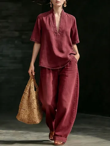 Completo Donna Due Pezzi Minimalista Casual Tinta Unita Scollo a V Top Manica Corta e Pantaloni a Gamba Larga Estate Poliestere