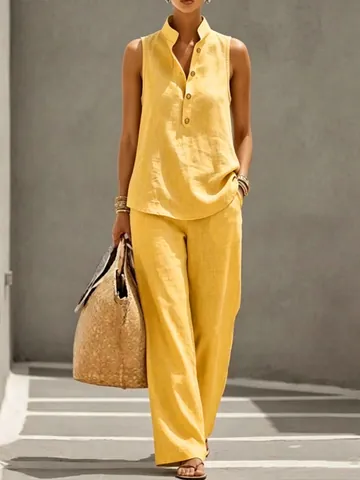 Women Sleeveless Stand Collar Button Top And Bottom Wide Leg Pants Polyester Woven Summer Casual Solid Color Elegant Style Clothes