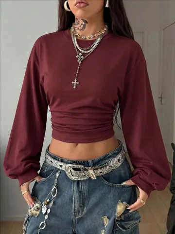 Camiseta de Poliéster Ajustada de Estilo Callejero Sexy de Manga Larga con Cuello Redondo de Color Sólido Estilo Y2K para Mujer