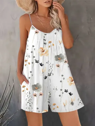 Women's Casual Spaghetti Strap V-Neck Floral Print Romper Summer Sleeveless Straight Leg Jumpsuit With Pockets Loose Beach Jumpsuit