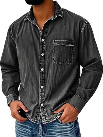 Men Retro Washed Cotton Denim Shirt Long Sleeve American Workwear Shirt Vintage Casual Top With Single Chest Pocket