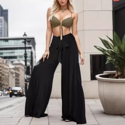 Pantaloni a Gamba Larga da Donna a Vita Alta con Balze e Pieghe con Cintura a Fiocco Pantaloni Casual Larghi a Tinta Unita per Vacanza al Mare