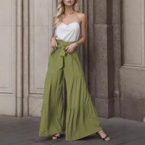 Pantaloni a Gamba Larga da Donna a Vita Alta con Balze e Pieghe con Cintura a Fiocco Pantaloni Casual Larghi a Tinta Unita per Vacanza al Mare