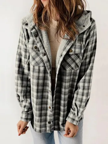 Women Casual Plaid Fleece Lined Hooded Jacket Loose Thick Woolen Checked Outerwear Button Up Shacket Coat With Pockets Top