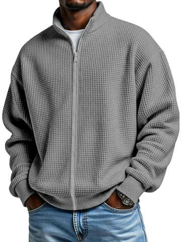 Heren American Vintage Wafelbreisel Opstaande Kraag Rits Jas Effen Kleur Lange Mouw Casual Top Voor Mannen