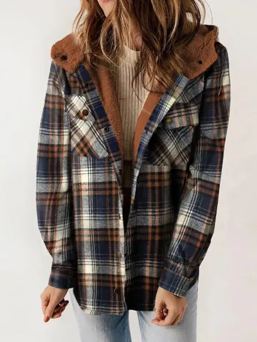 Women Casual Plaid Fleece Lined Hooded Jacket Loose Thick Woolen Checked Outerwear Button Up Shacket Coat With Pockets Top