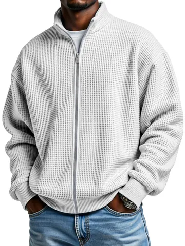 Heren American Vintage Wafelbreisel Opstaande Kraag Rits Jas Effen Kleur Lange Mouw Casual Top Voor Mannen
