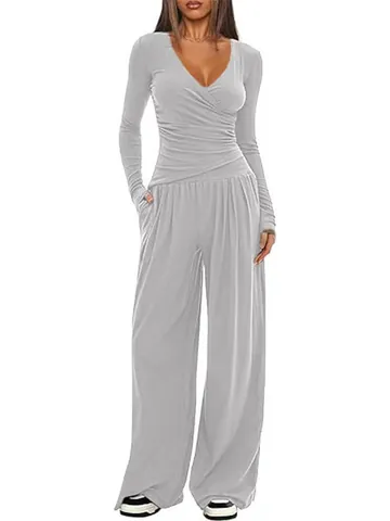 Women Casual Long Sleeve V Neck Wrap Top And Wide Leg Pants Top And Bottom Solid Color Polyester Spandex Lounge Outfits
