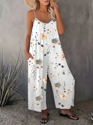 Women's Casual Floral Print Sleeveless Jumpsuit Bohemian Spaghetti Strap Wide Leg Romper With Pockets Summer Vacation Beachwear