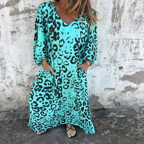 Robe Maxi à Manches Longues avec Col en V pour Femmes Robe Ample Imprimée Léopard Boho Avec Poches Style Vacances Robe Longue Trapèze