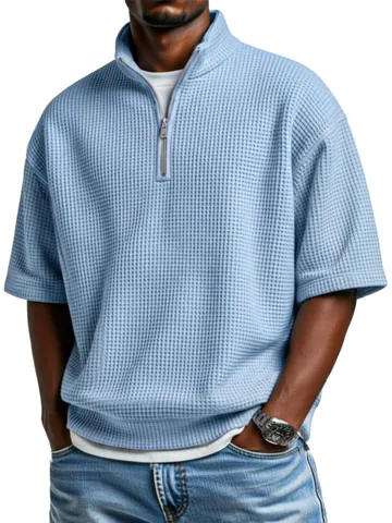 Polo pour Hommes de Style Américain en Maille Gaufre avec Demi-zip Manches Courtes Ample Décontracté Couleur Unie