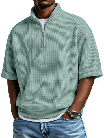 Polo pour Hommes de Style Américain en Maille Gaufre avec Demi-zip Manches Courtes Ample Décontracté Couleur Unie