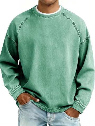 Men Vintage Washed Crew Neck Sweatshirt Retro Distressed Loose Casual Raglan Sleeve Top For Autumn Winter Streetwear