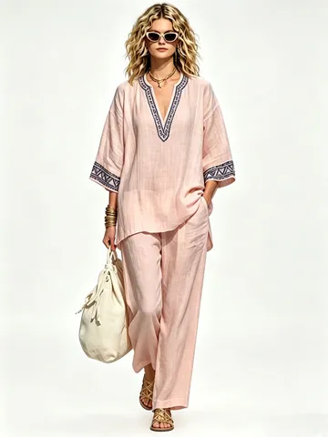 Women's Bohemian Casual Linen Print V-Neck Top And Bottom Loose Wide Leg Trousers Summer Beach Vacation Lounge Wear Outfit