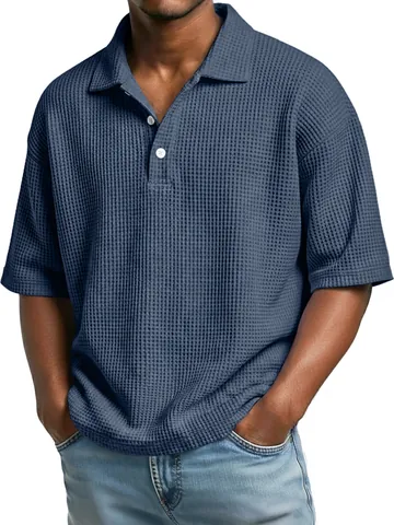 Heren Casual Wafelbrei Poloshirt voor de Zomer Korte Mouw Knoop Revers Top Eenvoudige Basisstijl Effen Kleur Lichtgewicht Ademend Shirt