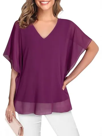 Women V Neck Flutter Sleeve Blouse Ruffle Loose Casual Summer Chiffon Top Printed Solid Color Pullover Elegant Ladies Shirt
