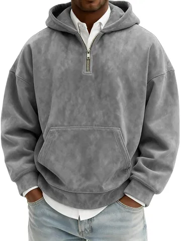 Men's American Vintage Suede Half Zip Hoodie Oversized Long Sleeve Sweatshirt Distressed Solid Color Pullover Top With Kangaroo Pocket