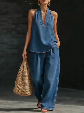 Tenue en Denim Lavé Rétro pour Femme Débardeur Dos Nu Col en V et Pantalon Jambes Larges Look Décontracté Été