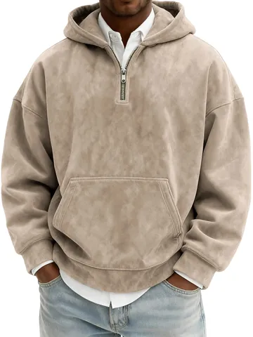 Men's American Vintage Suede Half Zip Hoodie Oversized Long Sleeve Sweatshirt Distressed Solid Color Pullover Top With Kangaroo Pocket