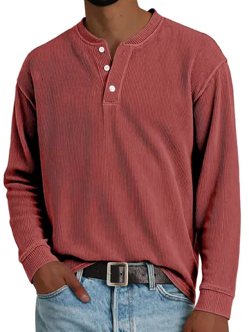Men Henley Neck Long Sleeve T-Shirt Vintage Ribbed Striped Top Casual Slim Fit Autumn Winter Fashion Solid Color Tee