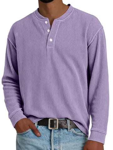 Men Henley Neck Long Sleeve T-Shirt Vintage Ribbed Striped Top Casual Slim Fit Autumn Winter Fashion Solid Color Tee