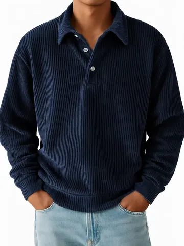 Men Vintage Corduroy Striped Polo Shirt Long Sleeve Casual Solid Color Top Autumn Winter Lightweight Breathable Pullover
